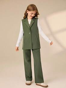 青少年女孩三件套：圆领长袖上衣、无袖西装外套和裤子 - 軍綠色 - 查看 4