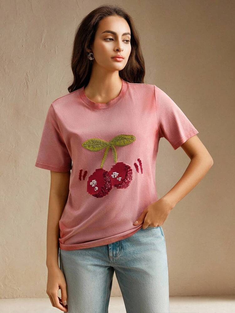 Vintage Wash Cherry Beaded Embroidery Dopamine Graphic Knit Round Neck T-Shirt For Women, Casual, Summer Tshirts For Women Summer Cherry Shirts Cotton Tops Women Summer Vintage T Shirts Women
