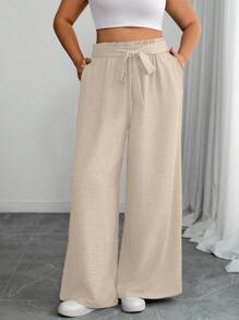 SHEIN PETITE Pantalones de pierna ancha de unicolor con volantes en el dobladillo, cintura con lazo y bolsillos para mujer de talla grande - Albaricoque - Ver 5