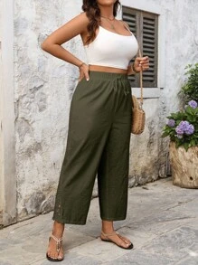 SHEIN LUNE Plus Size Casual Linen Patchwork Embroidered Floral Hem Pants - Army Green - View 3
