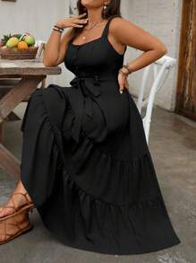 Breezaya Plus Size Women Casual Denim-Look Adjustable Strap Decor Button Dress - Black - View 4