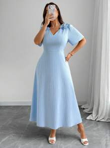 Elenzga Plus Size Textured Bow V-Neck Short Sleeve Dress - Blue - View 5