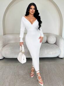 SHEIN SXY 女士性感优雅白色 V 领露肩长袖修身毛衣裙，适合日常穿着、办公室、约会、休闲、派对、感恩节、圣诞节白色中长裙白色长袖连衣裙白色紧身连衣裙罗纹中长裙秋冬 - 白色 - 查看 4