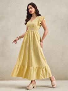 Wildy 奶油黄连衣裙，褶皱荷叶袖，收腰A字型长裙，纯色休闲假日连衣裙，女士端庄连衣裙，女士派对度假装扮 - 淡黃色 - 查看 3
