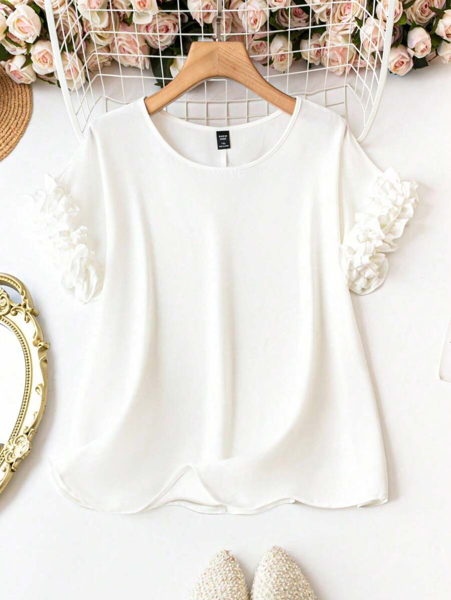 SHEIN LUNE Plus Size Elegant Solid Color Ruffle Trim Blouse For Summer - White - View 1