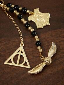 HARRY POTTER X SHEIN 手工黑金串珠手机挂绳，适合送礼、收藏、纪念品，饰有金色飞贼和死亡圣器图案 - 彩色 - 查看 3