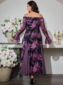 Modelyn 大码女式优雅网眼印花拼接露肩紧身连衣裙 - 紫色 - 查看 2