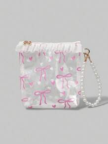ROMWE Kawaii Pattern: 919979 Bowknot & Heart Printed Transparent PVC Lace Wristlet Makeup Bag Coin Purse Earphone Lipstick Portable Organizer, Gift - White - View 1