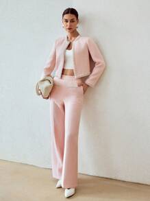 MOTF PREMIUM TWEED FAUX PEARL TAPE TRIM CROP JACKET - Pink - View 4