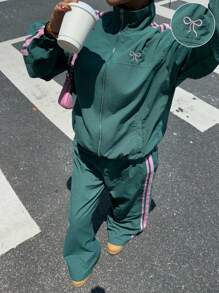 Muchica Conjunto de dos piezas para mujer de chaqueta y pantalones deportivos con bloqueo de color y diseño a rayas tejidos