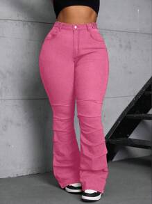 SHEIN SXY 大码女式复古弹力粉色牛仔喇叭裤，侧褶设计 - 粉色 - 查看 3