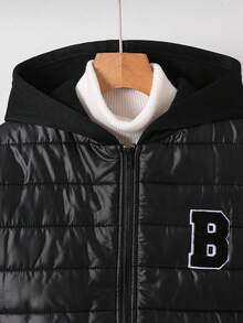 SHEIN 男童休闲加厚保暖连帽拉链防风外套，适合上学、花园、海滩、生日等各种场合，春、夏、秋、冬皆宜。男童冬季外套、男童连帽羽绒服、男童保暖外套、男童黑色秋季外套 - 黑色 - 查看 7