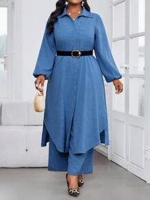SHEIN Lady 春夏秋冬休闲优雅工作蓝色梭织衬衫领主教袖口袋长袖加大码西装 - 藍色 - 查看 7
