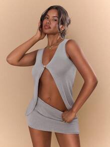 Slaydiva Women's Summer Sweater Two-Piece Set,Grey Chic Night Club V-Neck Sleeveless Loose Crochet Top And Hip-Wrapped Mini Skirt,Semi-Transparent Beach Outfit - Grey - View 1