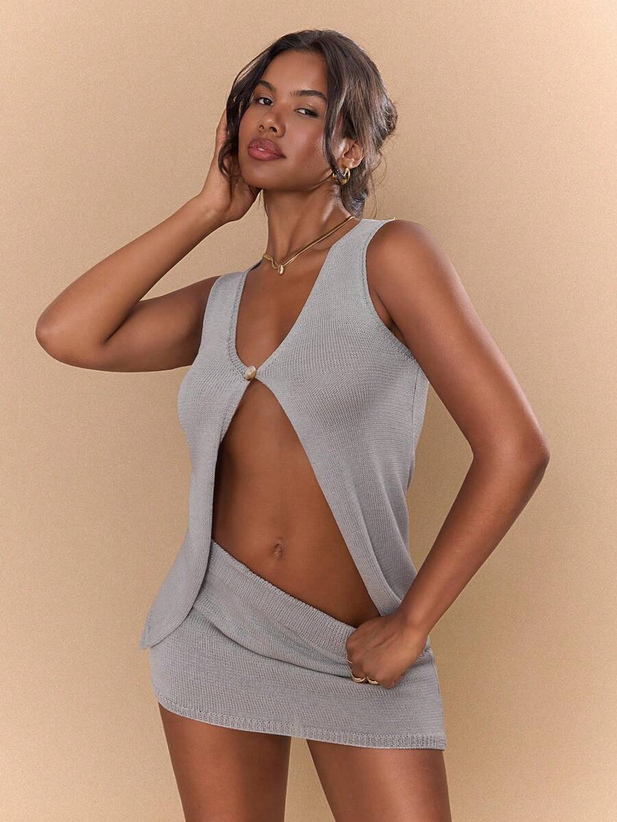 Slaydiva Women's Summer Sweater Two-Piece Set,Grey Chic Night Club V-Neck Sleeveless Loose Crochet Top And Hip-Wrapped Mini Skirt,Semi-Transparent Beach Outfit - Grey - View 1