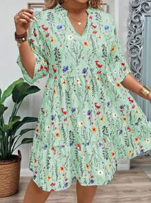 EMERY ROSE Plus Size Women's Summer Branch Floral V-Neck Ruffle Hem Loose Dress - Green - View 3