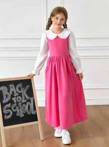 SHEIN Sparklyn Tween Girls Casual Lovely Peter Pan Collar Ruffle Sleeve 2-In-1 Cinched Waist Dress, Spring & Autumn Fall Winter - Pink - View 3