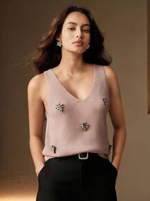 Anewsta Top/camiseta/blusa de punto con escote en V decorada con strass en forma de abeja, conjunto casual de primavera/verano para mujer
