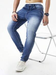 Manfinity Homme Men's Denim Jeans With Printed Pocket Decor, Slim Fit, All Season - Blue - View 4