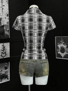 EgrlEra 女式夏季荷叶边单排扣格子拼布短袖衬衫