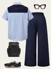 Casuvi Kids 3Pcs Boys Casual Striped Collar Shirt & Lapel Cape & Pockets Pants Set, Suitable For Commuting, Daily, School, Spring/Summer - Multicolor - View 4