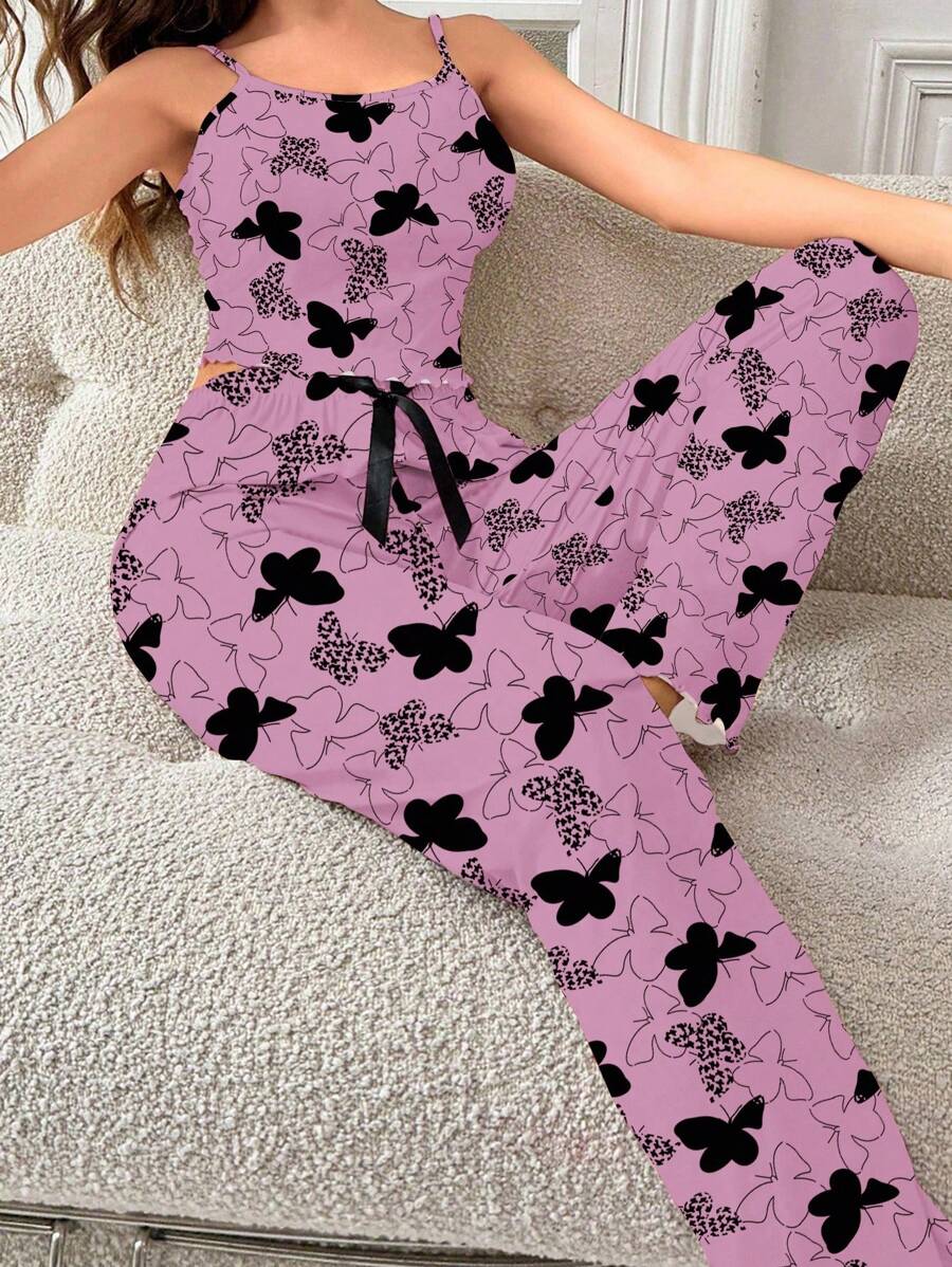 SHEIN Butterfly Print Women Sleeveless Top And Long Pants Pajamas Set Butterfly Pajamas Butterfly Pjs Bow Pajamas Bow Pjs