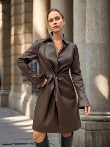 Forever 21 Leder Rock Braunes Kleid Langarm Kleid - Braun - Übersicht 3