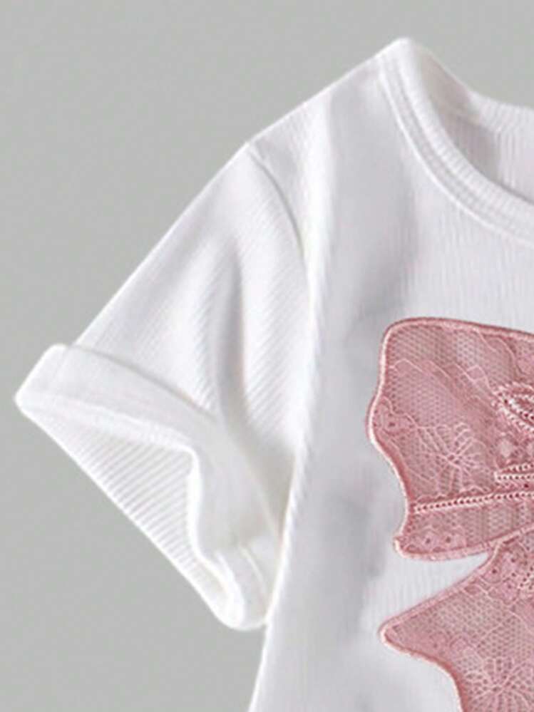 SHEIN Elladie kids 2 pièces/Ensemble Tenue décontractée pour pré-adolescentes avec t-shirt à broderie en forme de nœud et pantalon utilitaire, à la mode pour le printemps et l'été - Rose bonbon - Voir 5