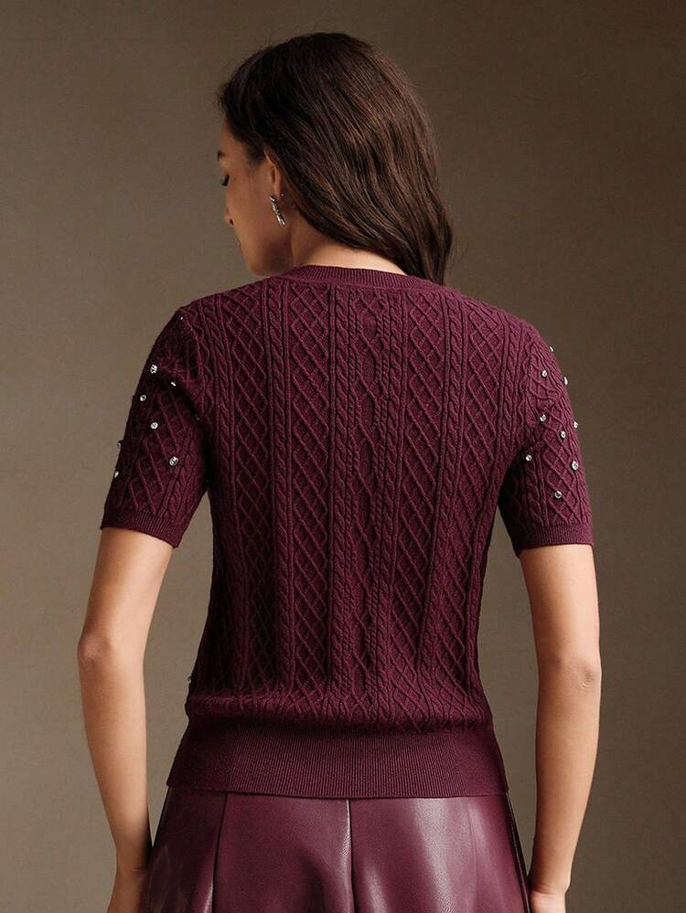 New Arrival Elegant Short Sleeve Rhinestone Decorated Knitted Sweater