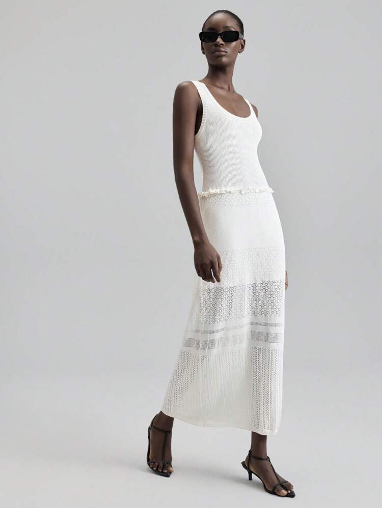 2025 Autumn/Winter Women's Clothing, Fall/Winter Women's Wear, Back To School, Halloween, Christmas, Business Casual, Retro Dignified Elegant Versatile Basics, Nashville Fashion Stylish Graceful Elegant Solid Color Round Neck Patchwork Hollow Hem Fitted Sweater Dress