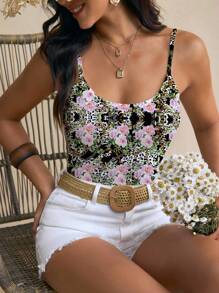 Shutterstock Glamance Women's Floral & Leopard Print Fitted Camisole Fall Clothes Modest - Black - View 4