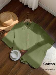Comfortcana 休闲绿色两件套服装，有领衬衫和短裤衬衫套装，女士棉质两件套 - 軍綠色 - 查看 3