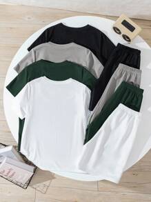 SHEIN 8件套儿童/青少年男童休闲宽松字母印花圆领T恤和短裤套装，多色可选，百搭实用，适合通勤、上学、日常休闲、运动、春夏穿着。 - 彩色 - 查看 2