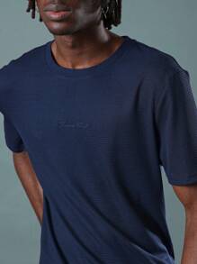 SUMWON Camiseta básica de manga corta con cuello de canalé, textura de gofre, ajuste muscular esencial, transpirable, para el verano - Azul Marino - Ver 3