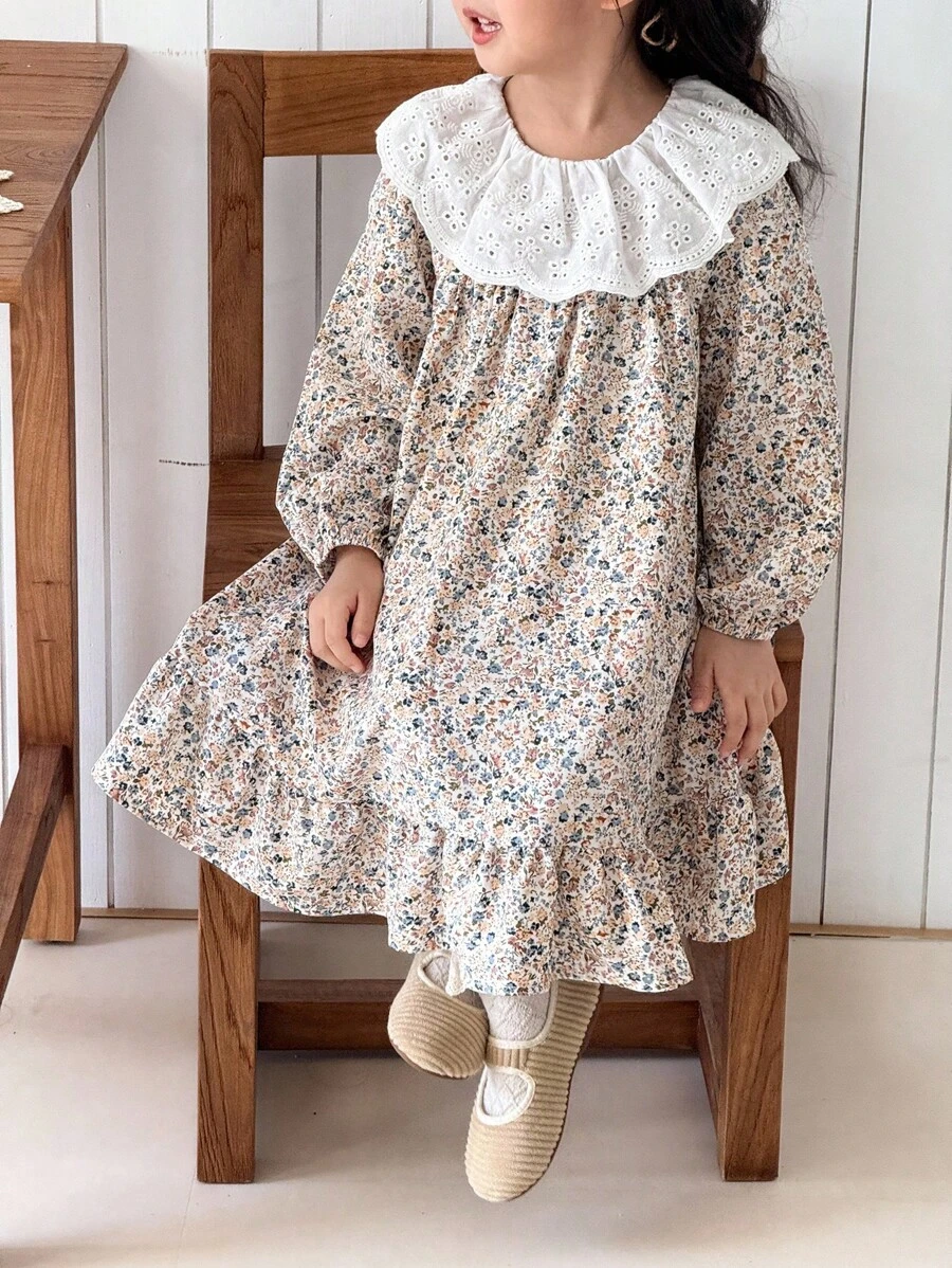 SHEIN Little Byeori Young Girls' Elegant Floral Lace Collar Puff Sleeve Dress Girls With Little Girl Long Autumn Fall Winter - Multicolor - View 1