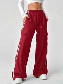 SHEIN EZwear Women's Casual Red Drawstring Waist Striped Side Pocket Long Pants - Red - View 3
