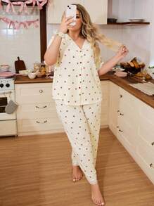 INS Cute Cherry Print Lace Patchwork Collar Short Sleeve Cardigan & Pants Plus Size Pajama Set - Multicolor - View 5