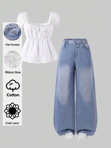 Denimly 少女两件套夏季套装。推荐法式复古、田园风、甜美纯正的韩系时尚单品！方领上衣，白色蕾丝蝴蝶结腰部设计，百搭百搭。弹力袖口遮盖手臂，亚麻面料。搭配蓝色牛仔阔腿裤，甜美百搭，适合街头、校园日常穿着、海滩度假、写真拍摄、朋友聚会，轻松打造优雅清纯的女性气质。 - 白色 - 查看 1