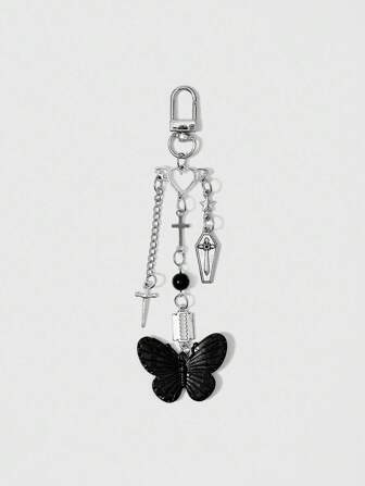 Goth Colgante llavero de cruz y mariposa, estilo sweet punk, soporte creativo de cadena de mariposa para auriculares, decorativo