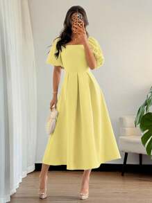 Elenzga Đầm công sở tay ngắn cổ vuông và tay bồng màu trơn thanh lịch tối giản cho nữ, thích hợp cho mùa xuân và mùa hè, thường ngày đi nghỉ, tiệc trà chiều - Màu vàng - Xem 6
