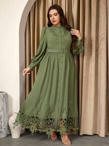 Graceveil Đầm suông dài tay màu trơn cỡ lớn có dây buộc eo thanh lịch thường ngày - xanh quân đội - Xem 4