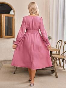 Maternity Elegant Solid Color Ruffle Sleeve Floral Trim Midi Dress - Dusty Pink - View 2