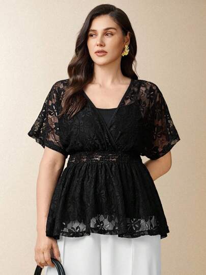 Flouryn Damen Große Größen V-Ausschnitt Kreuz Fledermausärmel Blusentop mit Spitzensaum, eleganter Spitzen Damen Top