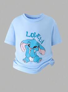 SHEIN 少女夏季运动可爱卡通兔子字母印花短袖T恤喇叭裤套装