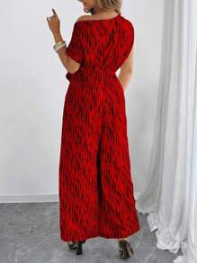 SHEIN PETITE Bộ đồ liền thân tay cánh dơi cổ bất đối xứng thanh lịch cỡ lớn cho nữ, mùa hè - Đỏ - Xem 2