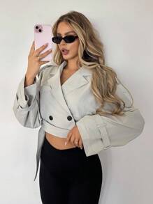 SHEIN ICON Jaqueta corta-vento feminina casual, com recorte na cintura e manga comprida, desfiada e com desfiado, gola alta, estilo streetwear, outono/inverno - Branco - Ver 6