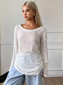 Livesso 女士休闲纯色系带抽绳透视罩衫，适合海滩度假，春夏季 - 白色 - 查看 6