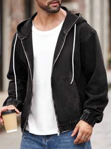 Manfinity Homme Men's Denim Hooded Black Jacket With Zipper, Fashionable For Summer - Black - View 4