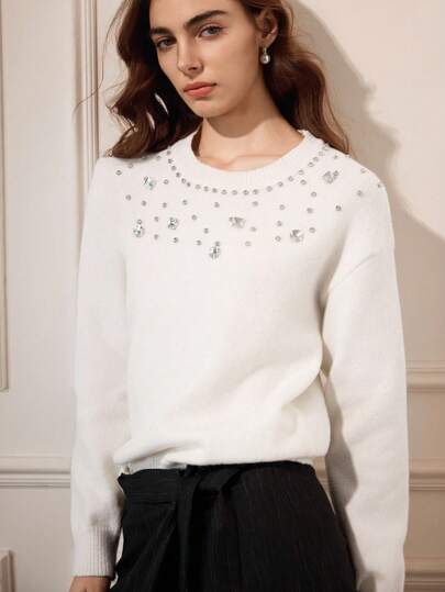 Briarwyn Women's Elegant Rhinestone Accent Drop Shoulder Sweater, For Daily Wear,Fall,Back To School,Old Money Style Women,Teacher For Women