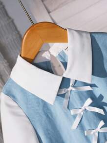 Girls White Shirt-Style Dress | Contrast Blue Knit Fabric | Bowknot Decor | Spring/Autumn Back To School, Fashion & Romance - White - View 5